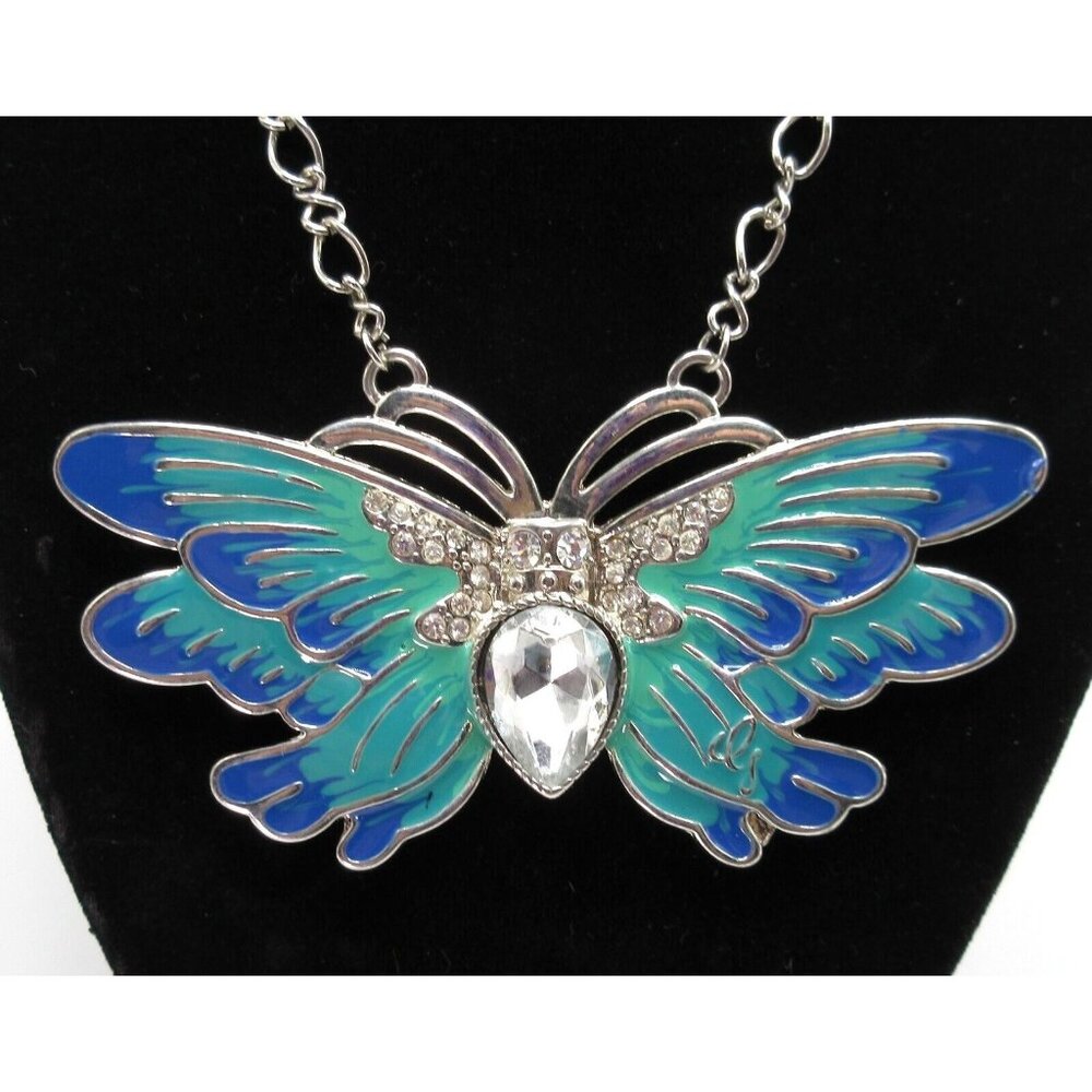 Guess Large Butterfly Silver Tone Turquoise Blue Enamel Rhinestone Necklace 24"